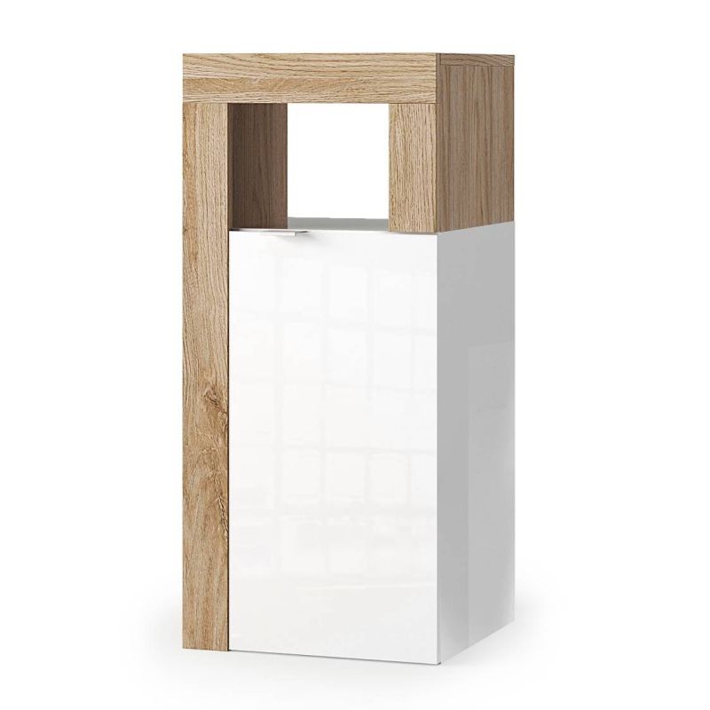 Commode 1 porte BURGA pour salle de bain en blanc brillant et décor chene cadiz