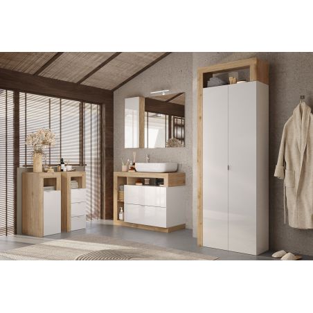 Commode 1 porte BURGA pour salle de bain en blanc brillant et décor chene cadiz