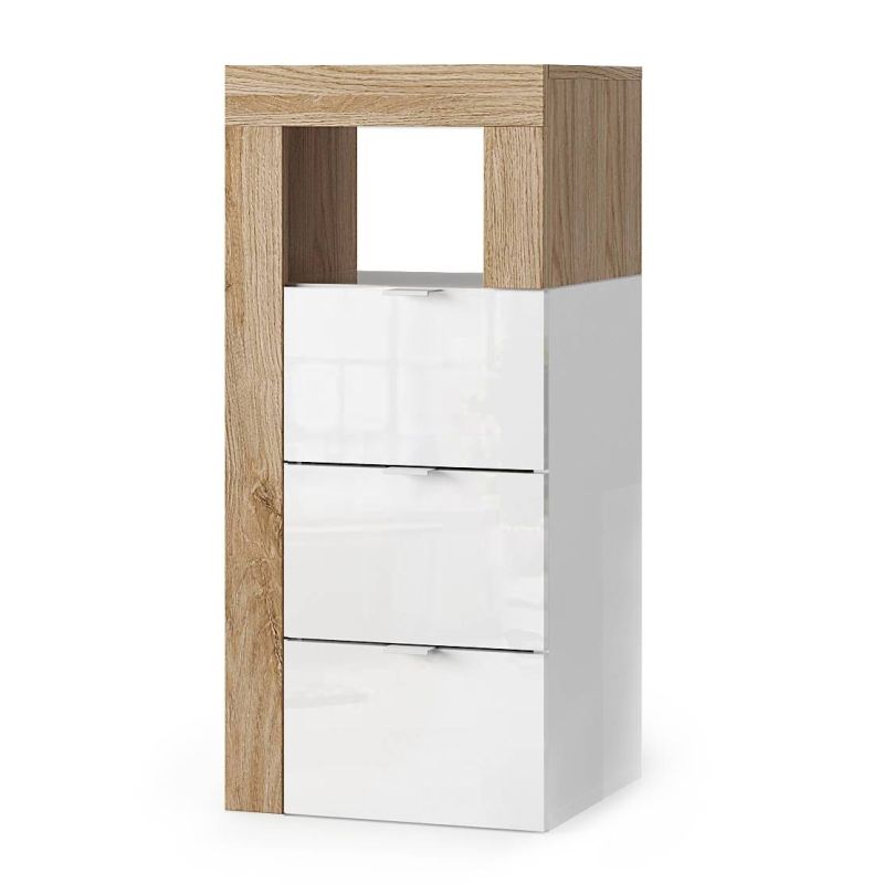 Commode 3 tiroirs BURGA pour salle de bain en blanc brillant et décor chene cadiz