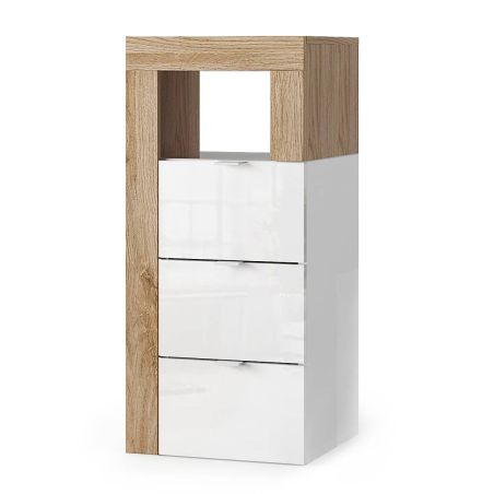 Commode 3 tiroirs BURGA pour salle de bain en blanc brillant et décor chene cadiz