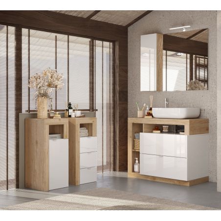 Commode 3 tiroirs BURGA pour salle de bain en blanc brillant et décor chene cadiz