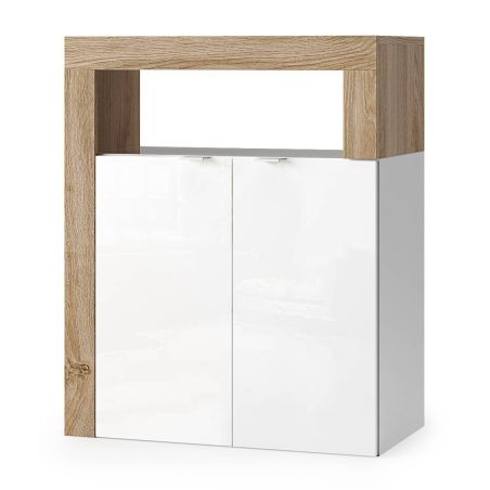 Commode 2 portes BURGA pour salle de bain en blanc brillant et décor chene cadiz