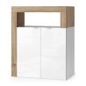 Commode 2 portes BURGA pour salle de bain en blanc brillant et décor chene cadiz