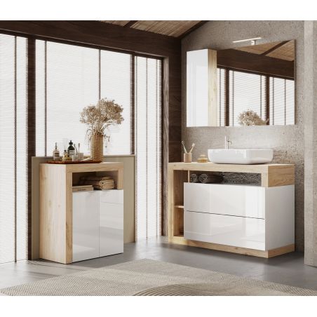 Commode 2 portes BURGA pour salle de bain en blanc brillant et décor chene cadiz