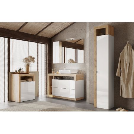Commode 2 portes BURGA pour salle de bain en blanc brillant et décor chene cadiz