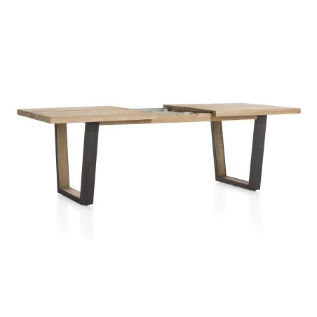 Metalox, table à rallonge 160 (+ 50) x 100 cm - bords effet tronc d'arbre - pieds V en métal et bois - Henders and Hazel