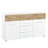 Commode 120 cm Boston en décor blanc neige et chêne Artisan avec 2 portes et 6 tiroirs