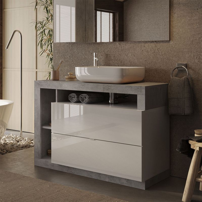 Meuble vasque BURGA BETON 110 cm en blanc brillant et décor béton