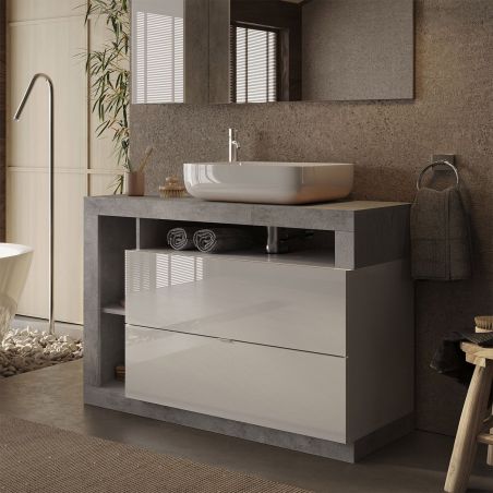 Meuble vasque BURGA BETON 110 cm en blanc brillant et décor béton