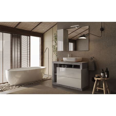 Meuble vasque BURGA BETON 110 cm en blanc brillant et décor béton