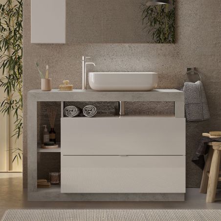 Meuble vasque BURGA BETON 110 cm en blanc brillant et décor béton