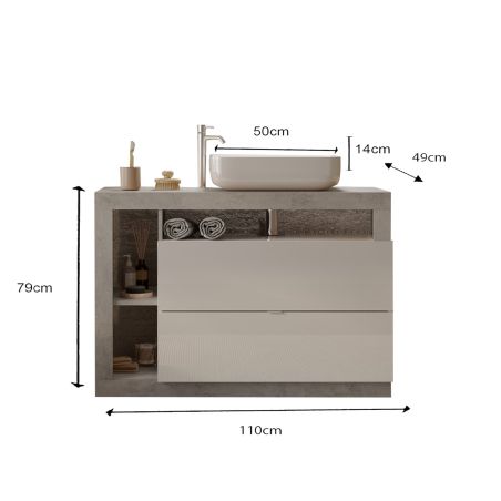 Meuble vasque BURGA BETON 110 cm en blanc brillant et décor béton
