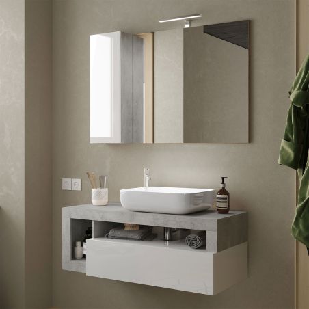 Meuble suspendu avec vasque BURGA BETON 110 cm en blanc brillant et décor béton