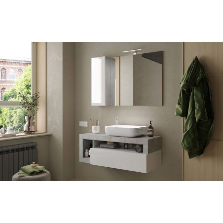 Meuble suspendu avec vasque BURGA BETON 110 cm en blanc brillant et décor béton
