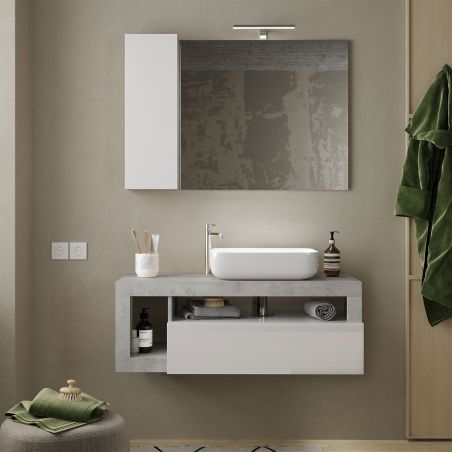 Meuble suspendu avec vasque BURGA BETON 110 cm en blanc brillant et décor béton