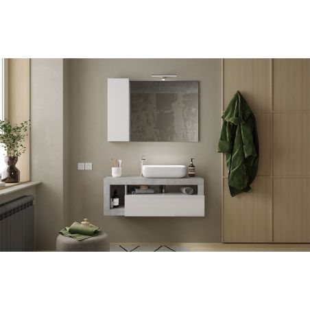Meuble suspendu avec vasque BURGA BETON 110 cm en blanc brillant et décor béton