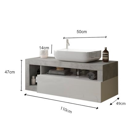 Meuble suspendu avec vasque BURGA BETON 110 cm en blanc brillant et décor béton
