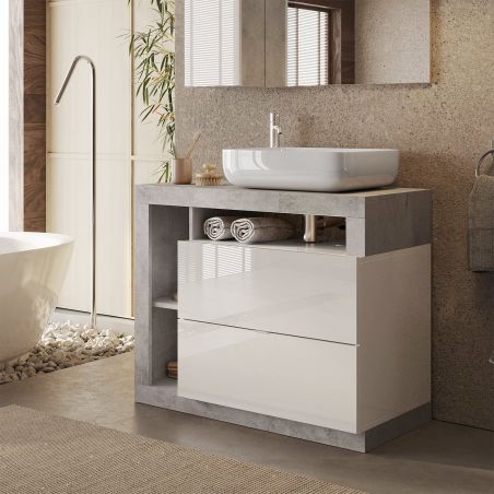 Meuble vasque BURGA BETON 92 cm en blanc brillant et décor béton