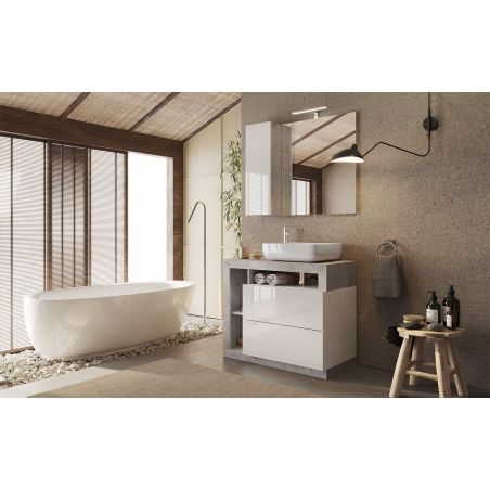 Meuble vasque BURGA BETON 92 cm en blanc brillant et décor béton