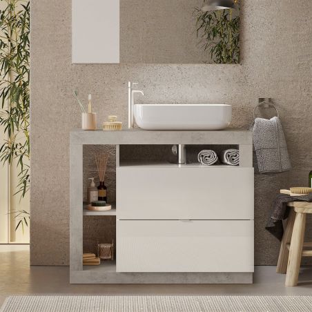 Meuble vasque BURGA BETON 92 cm en blanc brillant et décor béton