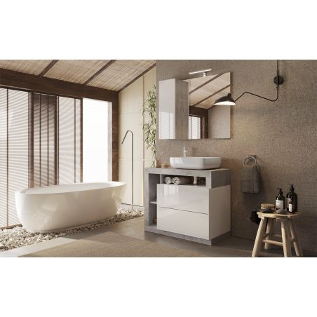 Miroir 92 cm BURGA BETON avec colonne en blanc brillant et décor béton