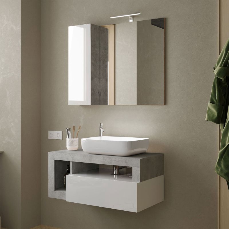 Meuble suspendu avec vasque BURGA BETON 92 cm en blanc brillant et décor béton