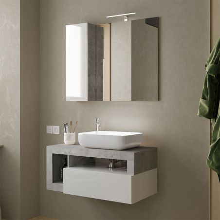 Meuble suspendu avec vasque BURGA BETON 92 cm en blanc brillant et décor béton