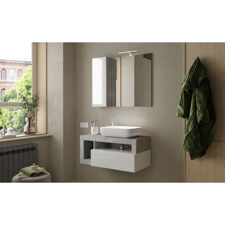 Meuble suspendu avec vasque BURGA BETON 92 cm en blanc brillant et décor béton
