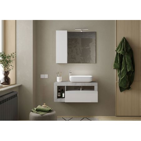 Meuble suspendu avec vasque BURGA BETON 92 cm en blanc brillant et décor béton