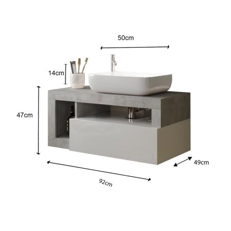 Meuble suspendu avec vasque BURGA BETON 92 cm en blanc brillant et décor béton
