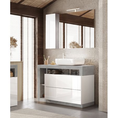 Meuble vasque BURGA BETON 110 cm en blanc brillant et décor béton