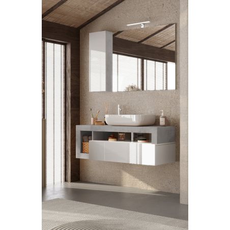 Meuble suspendu avec vasque BURGA BETON 110 cm en blanc brillant et décor béton