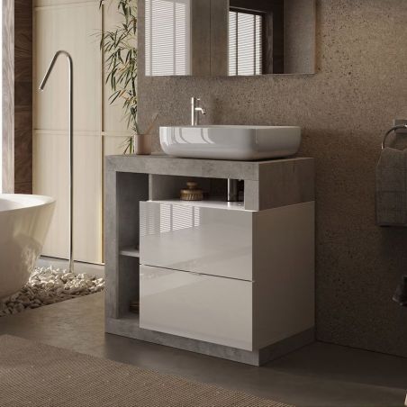 Meuble vasque BURGA BETON 78 cm en blanc brillant et décor béton