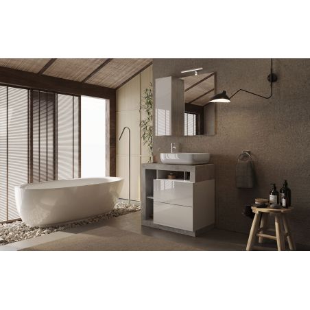 Meuble vasque BURGA BETON 78 cm en blanc brillant et décor béton