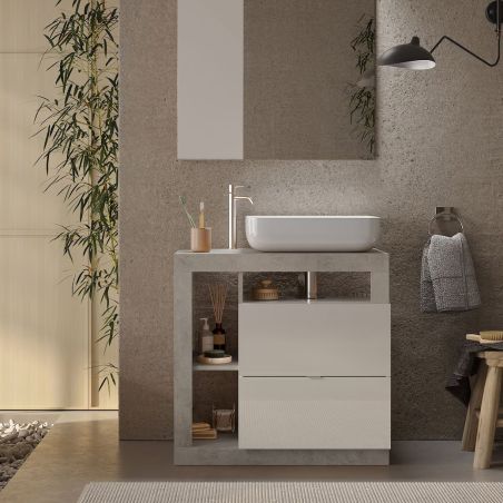 Meuble vasque BURGA BETON 78 cm en blanc brillant et décor béton