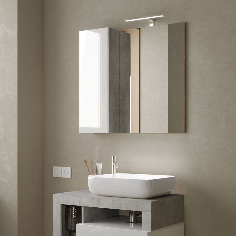Miroir 78 cm BURGA BETON avec colonne en blanc brillant et décor béton