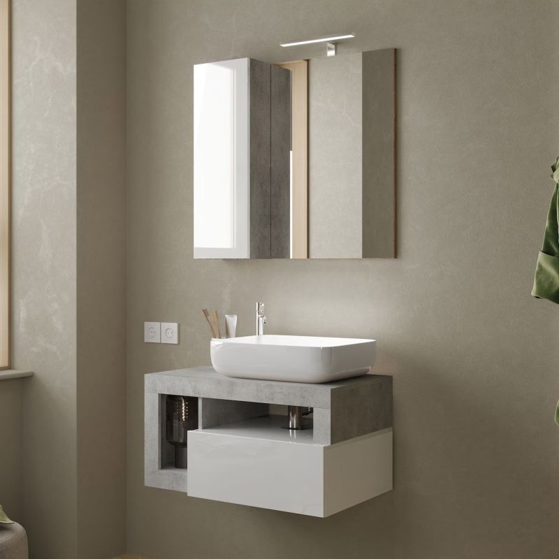 Meuble suspendu avec vasque BURGA BETON 78 cm en blanc brillant et décor béton