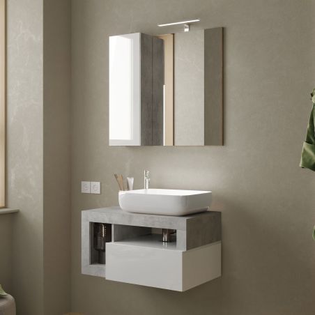 Meuble suspendu avec vasque BURGA BETON 78 cm en blanc brillant et décor béton