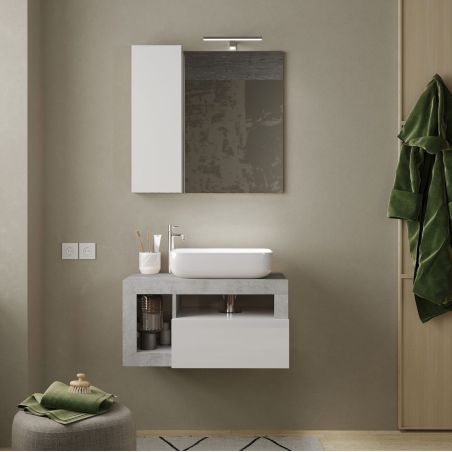 Meuble suspendu avec vasque BURGA BETON 78 cm en blanc brillant et décor béton