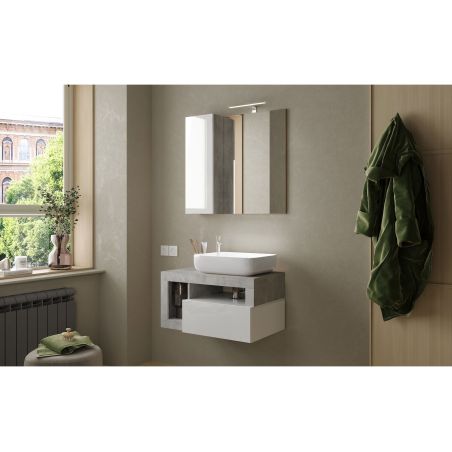 Meuble suspendu avec vasque BURGA BETON 78 cm en blanc brillant et décor béton