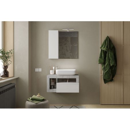 Meuble suspendu avec vasque BURGA BETON 78 cm en blanc brillant et décor béton