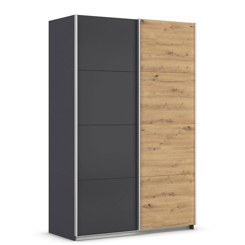 Armoire 136 cm DRAKAR avec 2 portes coulissantes en décor gris métal et chêne Artisan