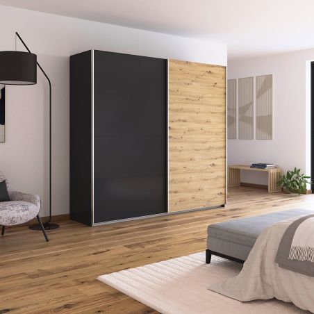 copy ofArmoire 181 cm DRAKAR avec 2 portes coulissantes en décor gris métal et chêne Artisan