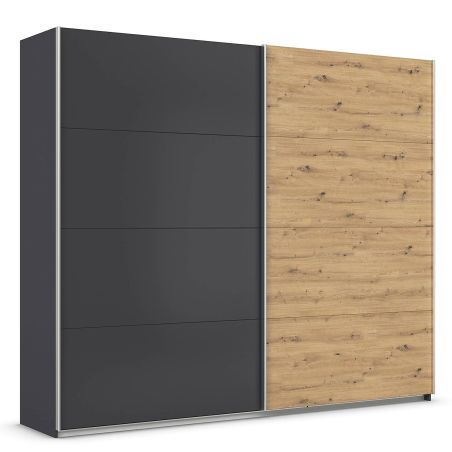 Armoire 271 cm DRAKAR avec 2 portes coulissantes en décor gris métal et chêne Artisan