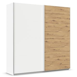 Armoire 226 cm DRAKAR avec 2 portes coulissantes en décor blanc mat et chêne Artisan