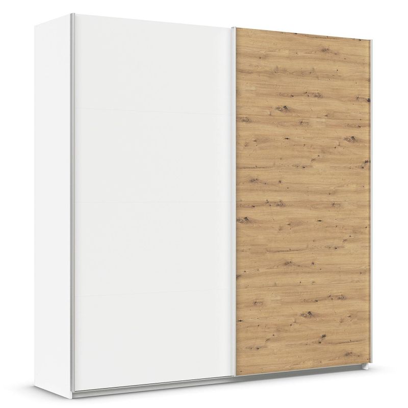 Armoire 226 cm DRAKAR avec 2 portes coulissantes en décor blanc mat et chêne Artisan