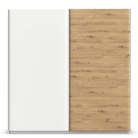 Armoire 226 cm DRAKAR avec 2 portes coulissantes en décor blanc mat et chêne Artisan
