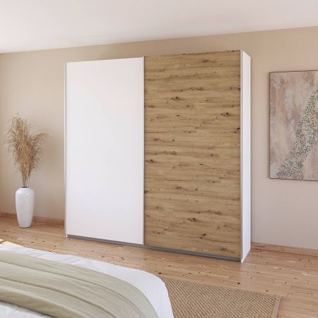 Armoire 226 cm DRAKAR avec 2 portes coulissantes en décor blanc mat et chêne Artisan