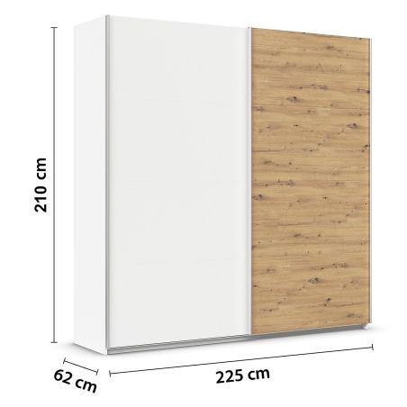 Armoire 226 cm DRAKAR avec 2 portes coulissantes en décor blanc mat et chêne Artisan