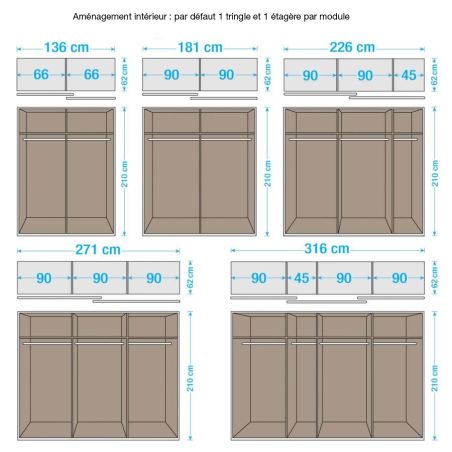 Armoire 226 cm DRAKAR avec 2 portes coulissantes en décor blanc mat et chêne Artisan